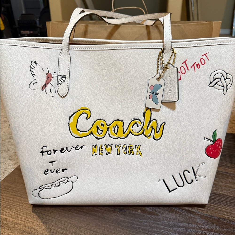 Coach White Graphic Tote Bag with Silver Hardware